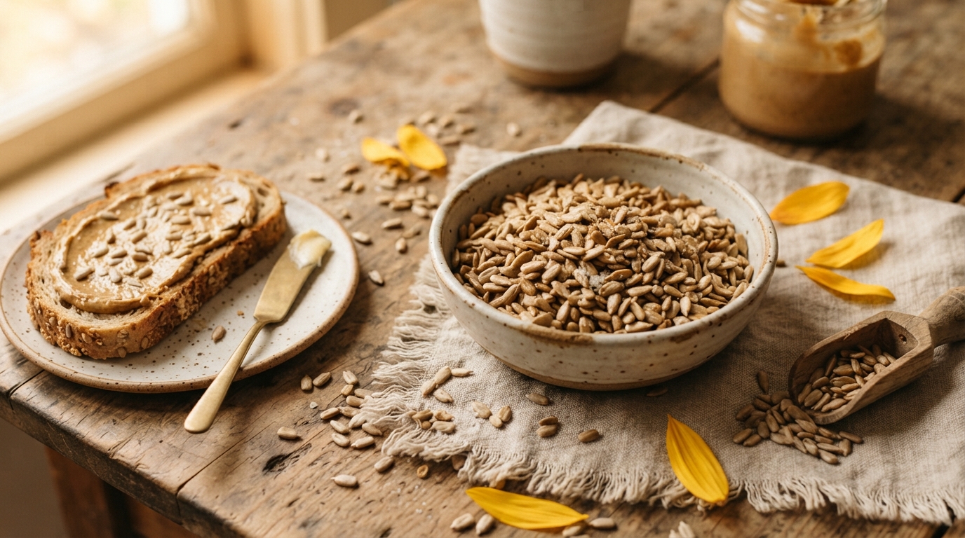 A bowl of sunflower seeds, seed butter toast, and scattered petals on a rustic table