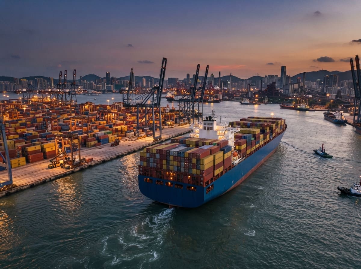 A container cargo ship departing a busy Chinese port at dusk