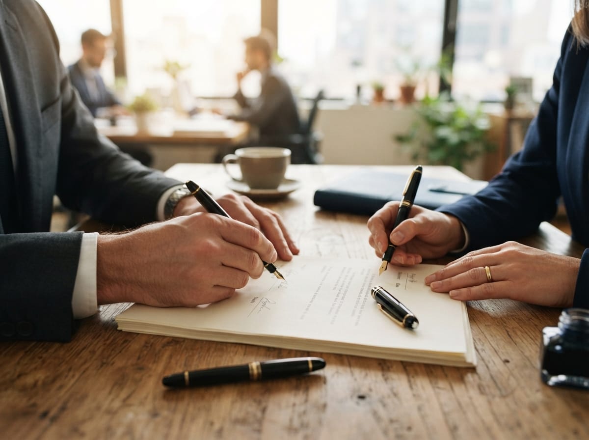 A commercial contract and banking documents being signed at a desk