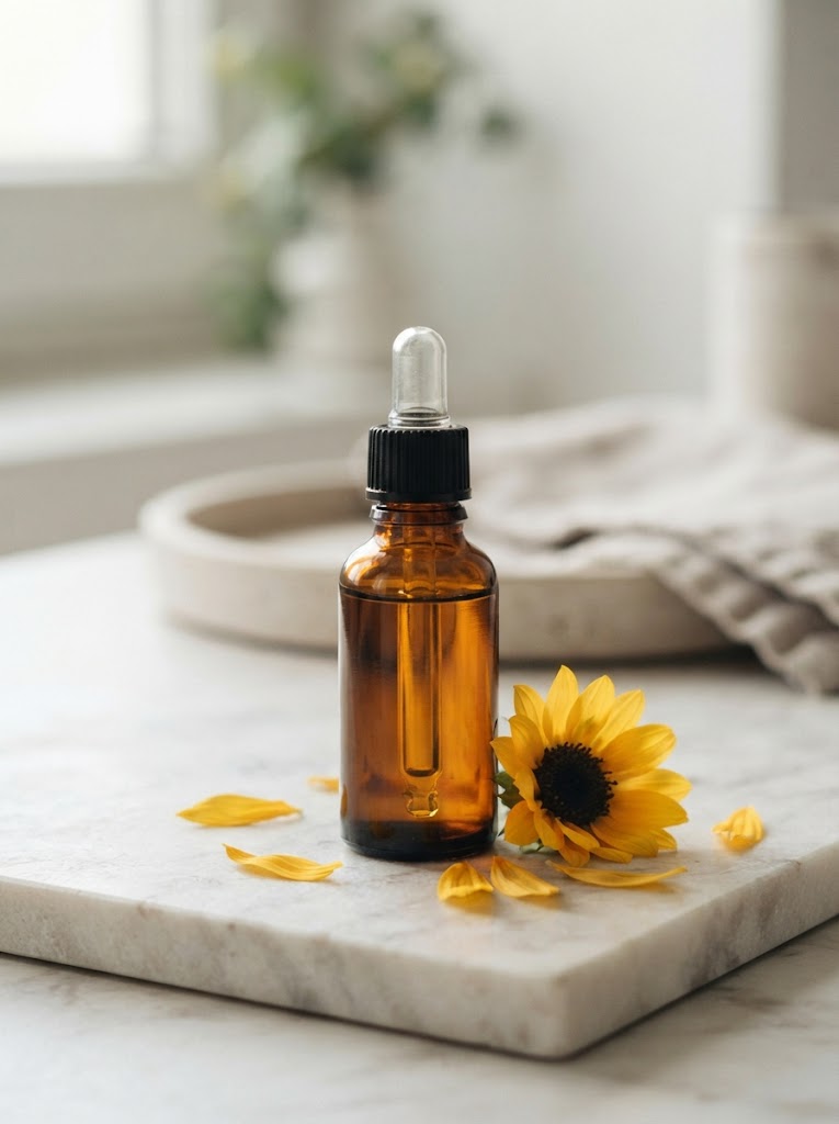 Sunflower seed oil in a glass bottle for cosmetic formulation