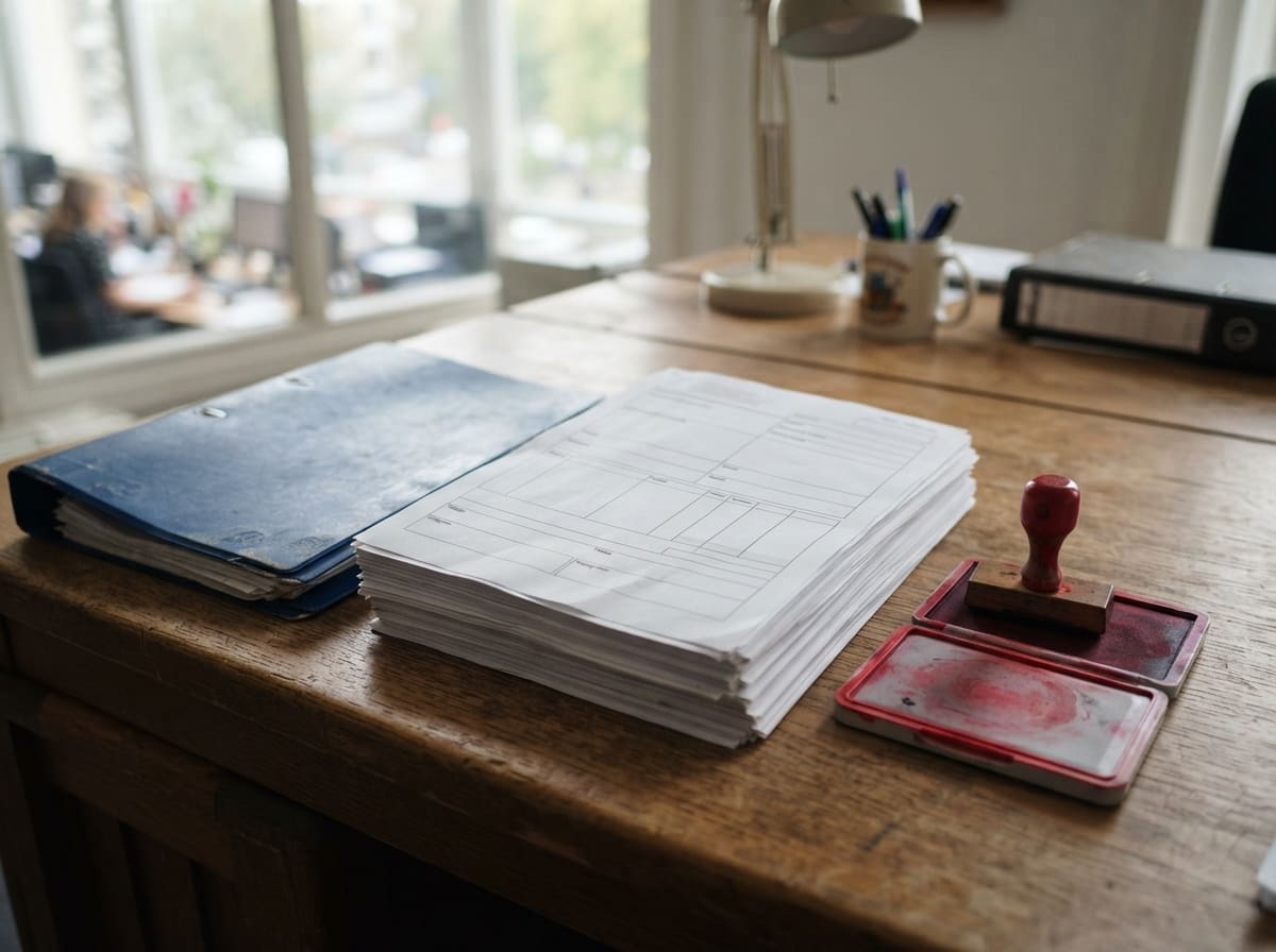 Export shipping documents and an ink stamp on an office desk