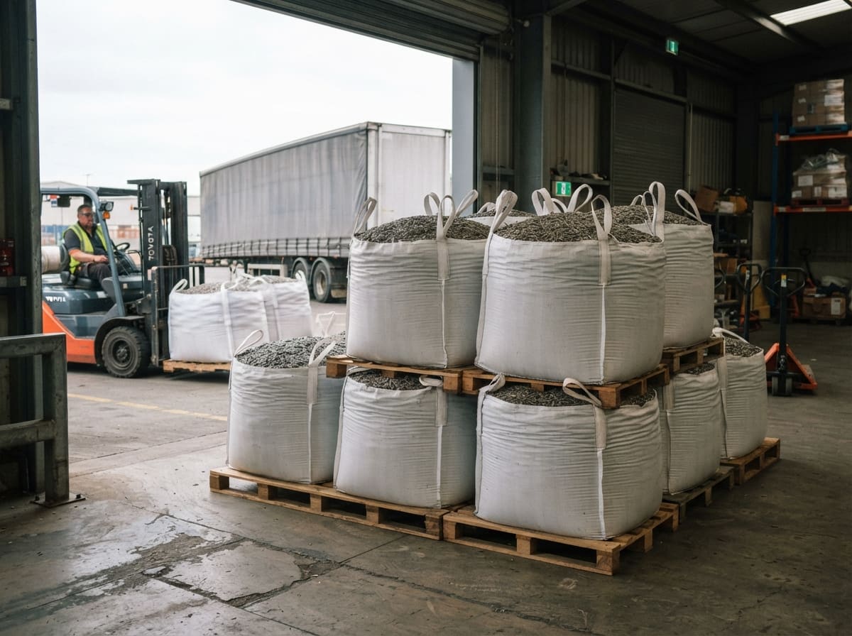 Stacked FIBC jumbo bags of sunflower seeds on pallets at a warehouse loading dock
