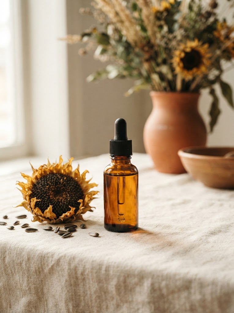 Sunflower seed oil in a dropper bottle for hair conditioning