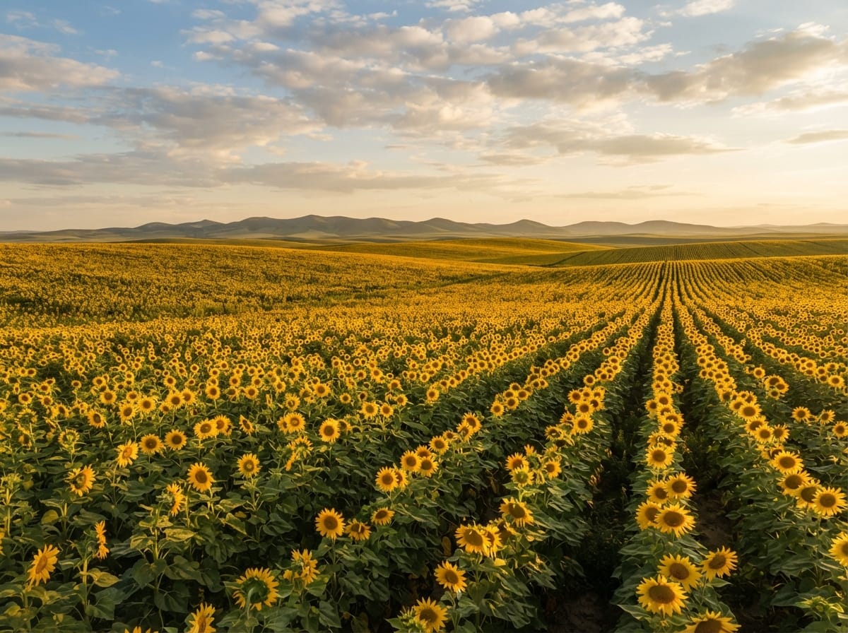 Wuyuan County farmland landscape in Inner Mongolia during sunflower season