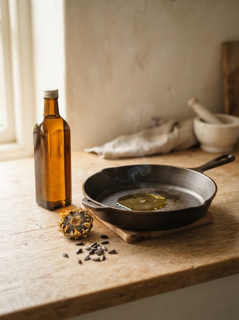 Sunflower seed oil being poured for cooking