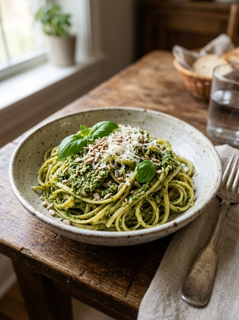 Sunflower seed pesto sauce with fresh basil ingredients