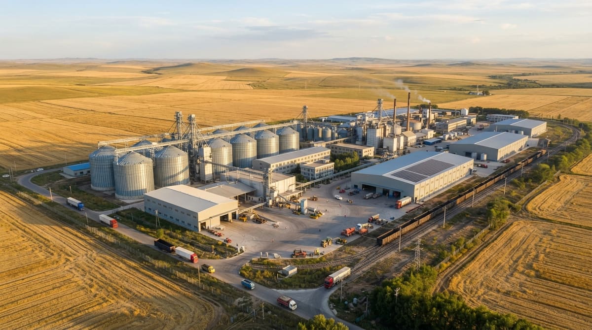 Aerial view of a sunflower seed processing facility with storage silos
