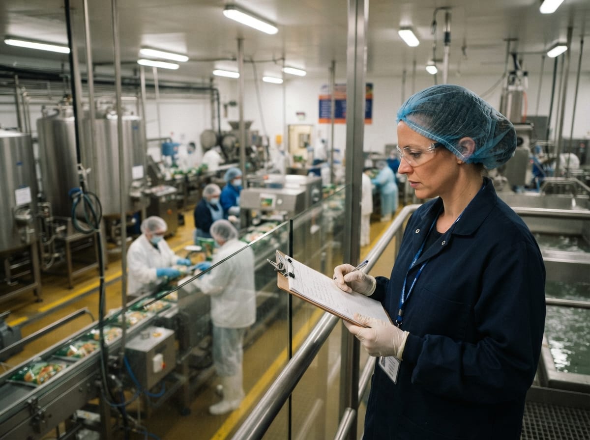 A quality auditor reviewing an inspection checklist on a clipboard at a warehouse