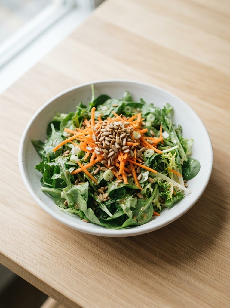 Toasted sunflower seeds sprinkled over a fresh green salad