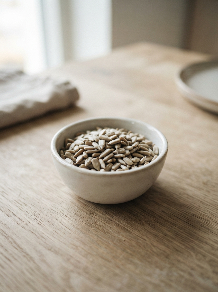 A small bowl of hulled sunflower seed kernels