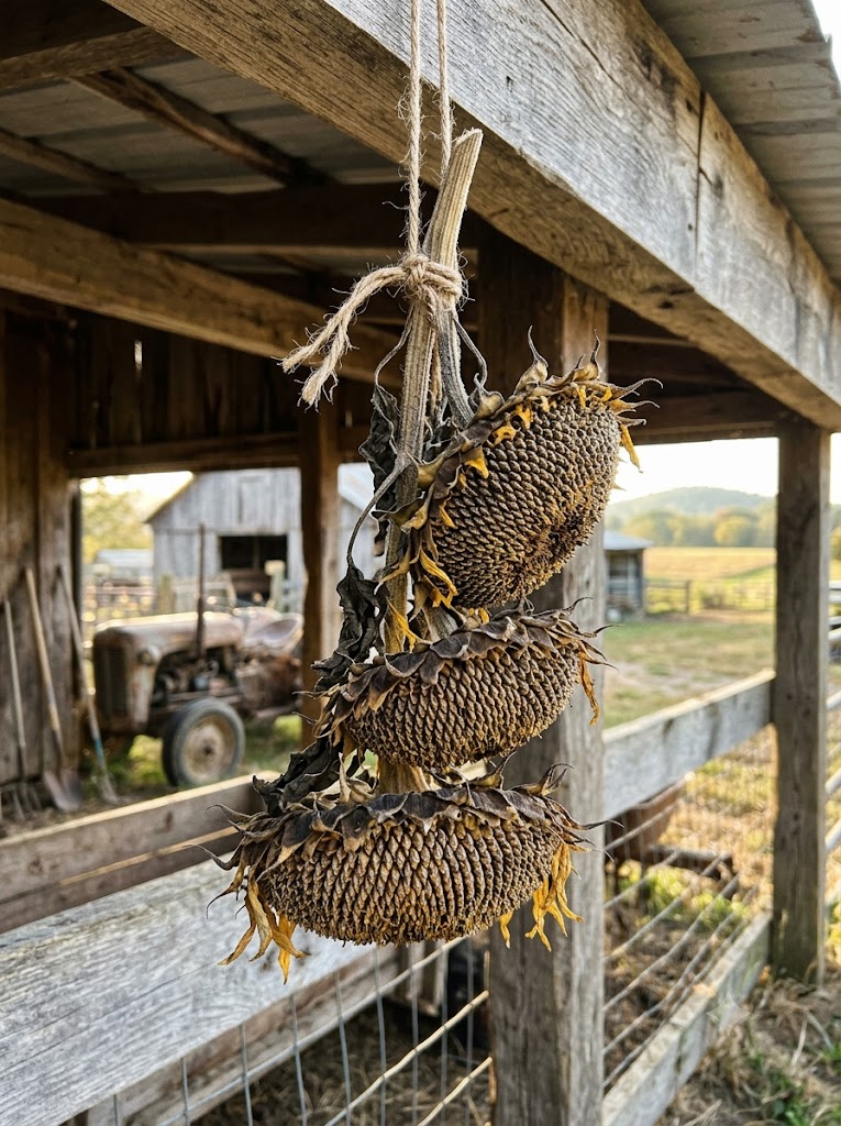 Sunflower heads hanging to dry before hand harvesting
