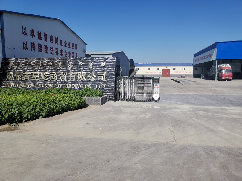 Entrance to Inner Mongolia XingYi Trading Co., Ltd. facility. A stone sign with the company name in Chinese and English is visible in the foreground. Behind it are industrial buildings with white and blue exteriors. The entrance features a retractable gate and some greenery. Chinese text is visible on the building facade.