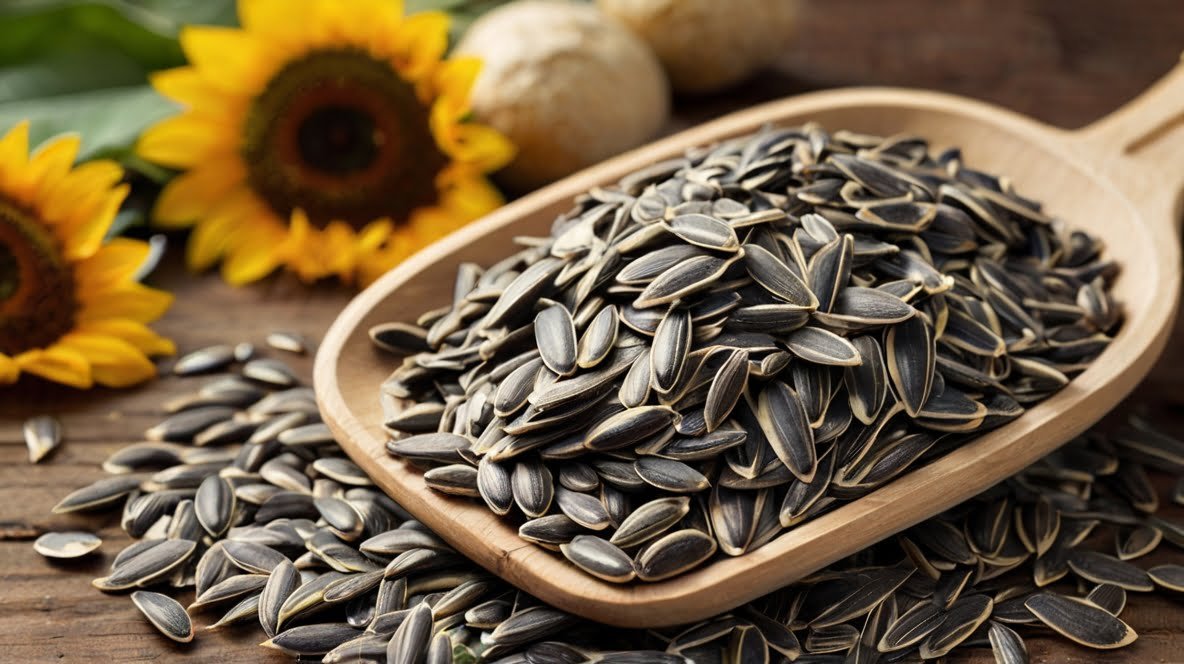 Discover the Finest Sunflower Seed Varieties from XingYi Trading A wooden serving spoon overflows with striped sunflower seeds, showcasing their distinctive elongated shape and glossy shells. The seeds spill onto a rustic wooden surface, emphasizing abundance. In the background, vibrant yellow sunflowers provide a colorful contrast, connecting the seeds to their source. The image captures the journey from flower to edible seed, highlighting the seeds' natural appeal as both a nutritious snack and versatile ingredient. The warm wooden tones complement the seeds' silvery-black hue, creating an inviting, farm-fresh aesthetic that emphasizes the wholesome quality of sunflower seeds.