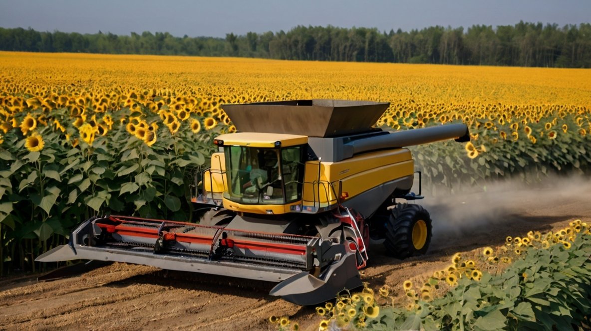Revolutionizing Sunflower Seed Harvesting: Essential Equipment for Modern Farms A large yellow combine harvester operates at the edge of a vast sunflower field. The machine's wide header cuts through mature sunflowers, collecting the seeds within. Behind it, an ocean of bright yellow sunflower heads stretches to the horizon, their faces turned towards the sun. In the foreground, unharvested sunflowers await their turn. A forest line in the background provides a stark contrast to the golden field. This image captures the scale of sunflower seed production, showcasing the moment when sunflower seeds transition from field to harvest, ready for processing and distribution.