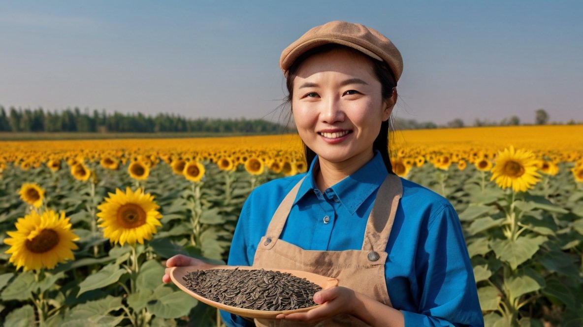 Mastering Sunflower Seed Farming Techniques: Insights from XingYi Trading A smiling woman in a blue shirt, tan overalls, and a brown cap stands in a vibrant sunflower field. She holds a wooden plate filled with black sunflower seeds, showcasing the harvest. Behind her, rows of bright yellow sunflowers stretch to the horizon, with a line of trees in the distance. The image captures the connection between the sunflower crop and its edible seeds, highlighting the agricultural process. The woman's cheerful expression conveys pride in the harvest, while the contrast between the blue sky, yellow flowers, and dark seeds creates a visually striking scene.