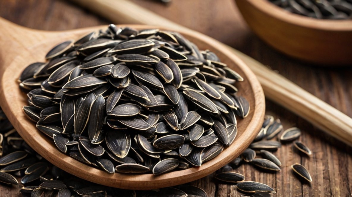 Sunflower Seeds Recipes: Culinary Delights with XingYi Trading's Premium Seeds A wooden spoon overflows with glossy black sunflower seeds, resting on a rustic wooden surface. The seeds are plump and uniform, showcasing their premium quality. More seeds are scattered around the spoon, emphasizing abundance. In the background, a partial view of another wooden bowl filled with seeds is visible. The warm lighting highlights the seeds' rich, dark color and the natural texture of the wood, creating an inviting, artisanal atmosphere that emphasizes XingYi Trading's commitment to quality and tradition.