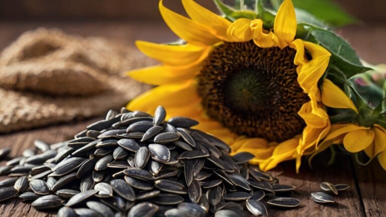 A vibrant yellow sunflower sits beside a pile of glossy black sunflower seeds on a rustic wooden surface. The sunflower's large, mature head contrasts with its bright petals. In the background, a burlap sack suggests agricultural origins. The image captures the journey from flower to edible seed, emphasizing natural beauty and wholesome production.