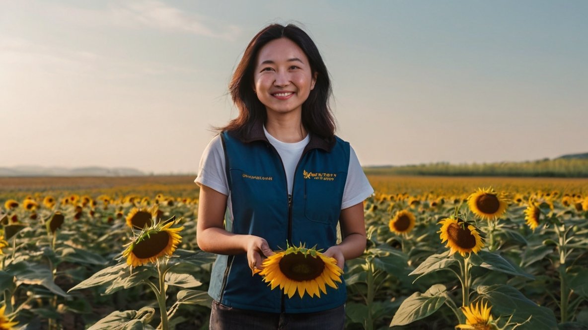 Sunflower Seeds and Sustainability: XingYi Trading's Golden Path to a Greener Future A smiling Asian woman stands in a vast sunflower field, holding a large sunflower rich with potential sunflower seeds. She wears a white t-shirt under a blue vest with a company logo. The sunflowers stretch to the horizon under a serene sky, showcasing the immense scale of sunflower seed production. Her friendly demeanor reflects pride in the bountiful crop, emphasizing the care taken in growing these nutritious sunflower seeds.