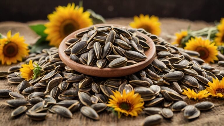 A terracotta bowl overflowing with black sunflower seeds sits atop a mound of seeds on a rustic wooden surface. The seeds' distinctive elongated shape and striped pattern are clearly visible. Surrounding the bowl are vibrant yellow sunflowers in various sizes, creating a colorful frame and connecting the seeds to their source. Some sunflower petals and green leaves add additional natural elements. This image beautifully captures the journey from sunflower to edible seed, showcasing the abundance and quality of the sunflower seeds. The warm wooden tones complement the dark seeds and bright flowers, creating an inviting, farm-fresh aesthetic that highlights the seeds as both a nutritious snack and versatile ingredient.