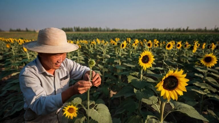 A farmer in a white shirt and wide-brimmed straw hat tends to a sunflower plant in a vast field. He's examining a young sunflower bud with care, surrounded by fully bloomed sunflowers stretching to the horizon. The vibrant yellow petals contrast beautifully with the green leaves and clear blue sky. The farmer's focused expression shows his dedication to cultivating these plants. This image captures the essence of sunflower farming, showcasing the attention to detail required at every stage of growth. The expansive field hints at the scale of production, while the farmer's hands-on approach emphasizes the personal care involved in nurturing these future sources of sunflower seeds.