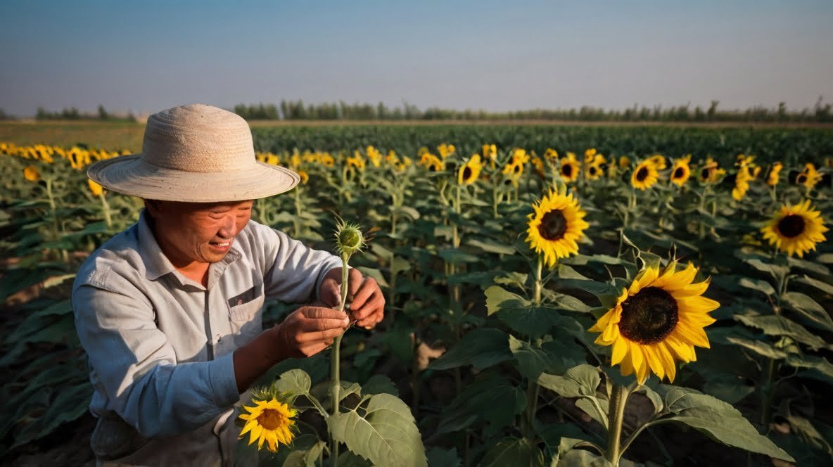 The Art of Harvesting Sunflower Seeds: From Field to Table with XingYi Trading A farmer in a white shirt and wide-brimmed straw hat tends to a sunflower plant in a vast field. He's examining a young sunflower bud with care, surrounded by fully bloomed sunflowers stretching to the horizon. The vibrant yellow petals contrast beautifully with the green leaves and clear blue sky. The farmer's focused expression shows his dedication to cultivating these plants. This image captures the essence of sunflower farming, showcasing the attention to detail required at every stage of growth. The expansive field hints at the scale of production, while the farmer's hands-on approach emphasizes the personal care involved in nurturing these future sources of sunflower seeds.
