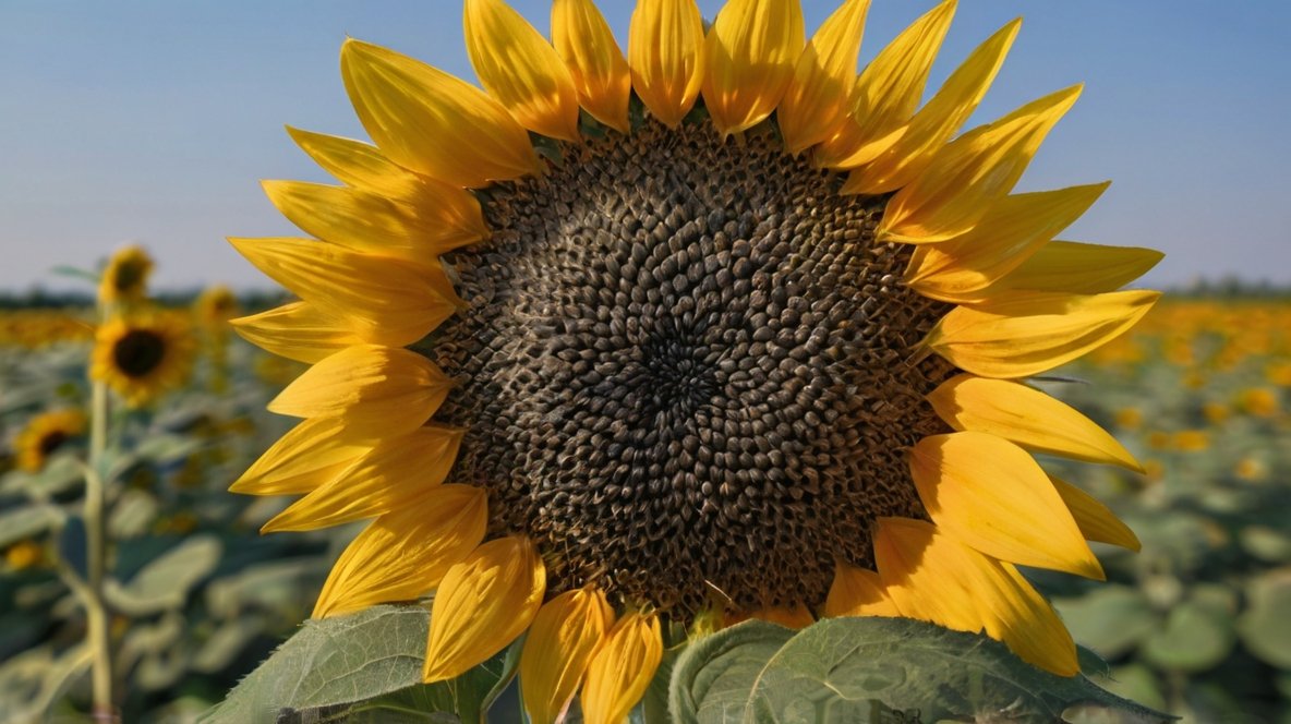 The Art of Sunflower Seed Processing: XingYi Trading's Journey from Field to Table A stunning close-up of a mature sunflower head dominates the frame, showcasing the intricate spiral pattern of developing sunflower seeds at its center. Vibrant yellow petals radiate outwards, creating a striking contrast with the dark brown seed bed. The seeds are clearly visible, tightly packed in a mesmerizing Fibonacci sequence. In the background, a vast field of sunflowers stretches to the horizon under a clear blue sky, hinting at the scale of sunflower seed production. This image captures the natural beauty and precision of sunflower seed formation, from individual seed to expansive field.