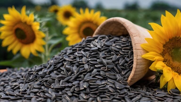 A wooden bowl overflows with freshly harvested black sunflower seeds, spilling onto a surface surrounded by vibrant sunflowers. The seeds, rich in nutrients, form a dark cascade against the natural wood. Bright yellow sunflowers frame the scene, their large heads showcasing the source of these bountiful sunflower seeds. The contrast between the golden petals and dark seeds highlights the transformation from flower to edible seed. This image captures the essence of sunflower seed production, from thriving plants to nutritious harvest.