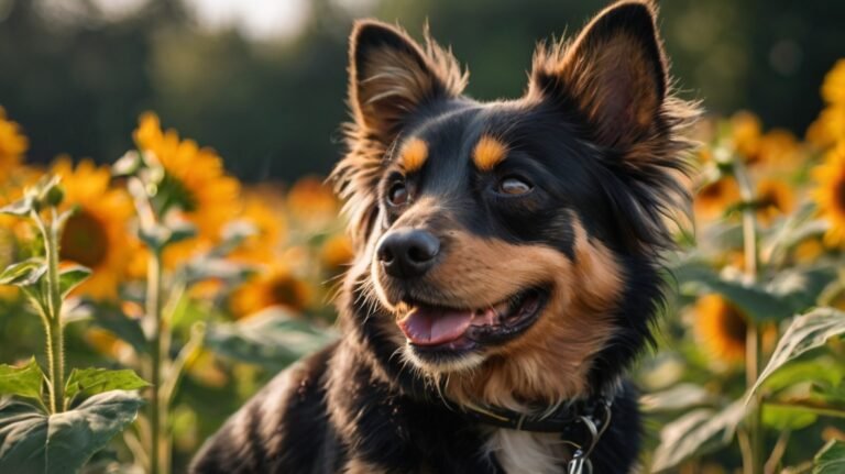 A cheerful black and tan dog, possibly a mixed breed or small herding dog, sits in a vibrant sunflower field. The dog's alert ears and bright eyes express happiness, with its mouth open in a friendly pant. Sunflowers surround the dog, their golden petals contrasting beautifully with the dog's dark fur. The background shows a soft focus of more sunflowers and greenery, creating a warm, natural setting. The image captures a moment of canine contentment amid nature's beauty, with the dog appearing to enjoy its role as an unofficial guardian of the sunflower field.