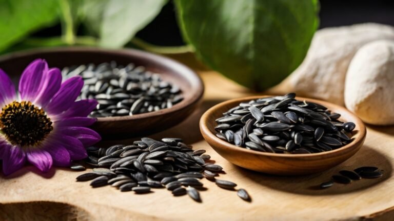A rustic wooden surface displays XingYi Trading's black sunflower seeds in various presentations. Two wooden bowls are filled with glossy seeds, while more are scattered on the surface. A vibrant purple flower adds a splash of color, suggesting natural origins. Fresh green leaves and a white object, possibly a stone or shell, complete the composition, emphasizing the product's connection to nature and wellness.