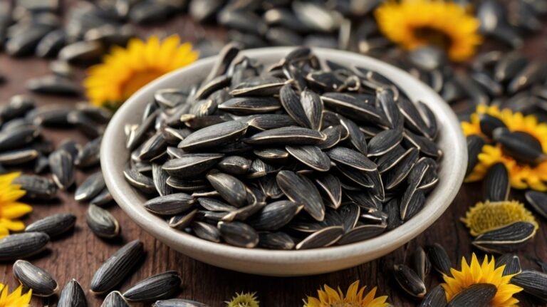 A white ceramic bowl overflows with glossy black sunflower seeds, set on a rustic wooden surface. The seeds spill onto the table, emphasizing abundance. Bright yellow sunflowers surround the bowl, creating a vibrant contrast with the dark seeds. Some sunflower centers are visible, showcasing different stages of the plant. The image beautifully captures the journey from flower to seed, highlighting the natural origins of sunflower seeds. The composition emphasizes the quality and freshness of these nutritious seeds, inviting viewers to appreciate their wholesome appeal as both a healthy snack and versatile culinary ingredient.