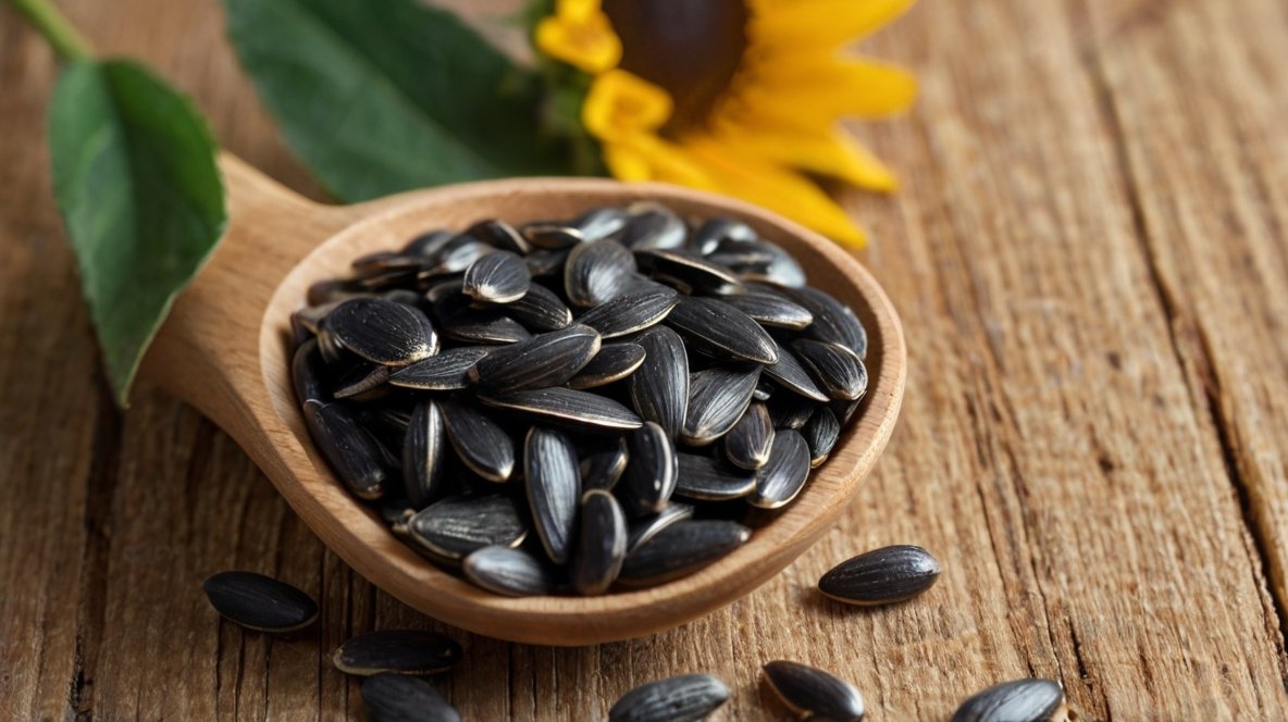 Vitamin Treasure Trove: Unveiling the Nutritional Powerhouse of Sunflower Seeds A wooden spoon cradles a heap of glossy black sunflower seeds, resting on a rustic wooden surface. The seeds' distinctive elongated shape and striped edges are clearly visible, showcasing their quality. A vibrant yellow sunflower and fresh green leaves in the background connect the seeds to their natural origins. A few seeds have scattered onto the table, emphasizing abundance. This close-up image beautifully captures the contrast between the dark seeds and the warm wood tones, highlighting the sunflower seeds' appeal as a wholesome snack or versatile ingredient. The composition invites viewers to appreciate the natural beauty and nutritional value of these seeds.