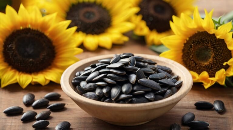 A ceramic bowl filled with glossy black sunflower seeds sits center stage on a wooden surface. The seeds' distinctive elongated shape and striped edges are clearly visible. Surrounding the bowl are vibrant yellow sunflowers in full bloom, creating a striking contrast with the dark seeds. Some seeds have spilled onto the table, emphasizing abundance. This image beautifully captures the journey from flower to seed, showcasing the natural origins of sunflower seeds. The warm wooden tones and bright flowers create an inviting composition that highlights the seeds' appeal as both a nutritious snack and versatile ingredient. The arrangement emphasizes the freshness and quality of these sunflower seeds, connecting them directly to their source.