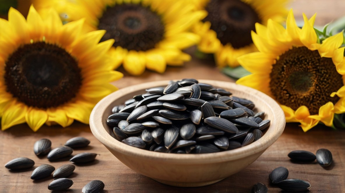 The Fabulous Fats of Sunflower Seeds: Nature's Nutritional Powerhouse A ceramic bowl filled with glossy black sunflower seeds sits center stage on a wooden surface. The seeds' distinctive elongated shape and striped edges are clearly visible. Surrounding the bowl are vibrant yellow sunflowers in full bloom, creating a striking contrast with the dark seeds. Some seeds have spilled onto the table, emphasizing abundance. This image beautifully captures the journey from flower to seed, showcasing the natural origins of sunflower seeds. The warm wooden tones and bright flowers create an inviting composition that highlights the seeds' appeal as both a nutritious snack and versatile ingredient. The arrangement emphasizes the freshness and quality of these sunflower seeds, connecting them directly to their source.