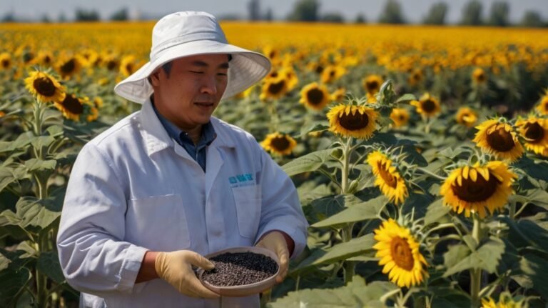 A man in a white lab coat and wide-brimmed hat stands in a vibrant sunflower field. He holds a bowl filled with dark sunflower seeds, showcasing the harvest. The man, wearing protective gloves, appears to be inspecting the seeds. Behind him, rows of tall sunflowers stretch into the distance, their bright yellow petals contrasting with the green leaves. This image captures the connection between the growing process and the final product, highlighting the agricultural expertise involved in sunflower seed production.