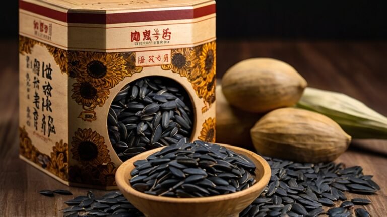 An elegantly designed Chinese package showcases premium black sunflower seeds. The box features intricate sunflower illustrations and Chinese characters, indicating its cultural significance. A circular window reveals the dark seeds inside. Beside it, a wooden bowl overflows with these nutritious sunflower seeds, emphasizing their abundance. Scattered seeds on the wooden surface highlight their individual shape and texture. Two whole nuts in the background add contrast and context. This image captures the fusion of traditional presentation and high-quality sunflower seeds, appealing to both cultural heritage and modern snack preferences.