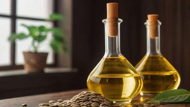 Two elegant glass bottles filled with golden sunflower oil stand on a wooden surface. Their unique shape and cork stoppers add a rustic charm. In front of the bottles, a small pile of raw sunflower seeds showcases the oil's source. A few green leaves provide a natural accent. In the background, a potted plant on a windowsill creates a homey atmosphere. The sunlight filtering through the window highlights the oil's rich, amber color. This image beautifully captures the journey from seed to oil, emphasizing the natural, wholesome quality of sunflower products. The composition suggests both culinary use and health benefits, showcasing sunflower seeds' versatility.