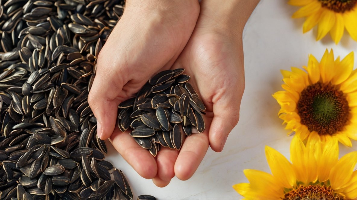 Cupped hands gently hold a handful of black sunflower seeds, showcasing their sleek, oval shape and rich, dark color. Surrounding the hands is a bed of loose sunflower seeds, emphasizing the abundance of the harvest. In the corner, vibrant yellow sunflowers provide a striking contrast, reminding viewers of the seeds' origin. This image captures the care and quality in sunflower seed production, from flower to nutritious snack. The hands cradling the seeds symbolize the nurturing process and value of these wholesome sunflower seeds.