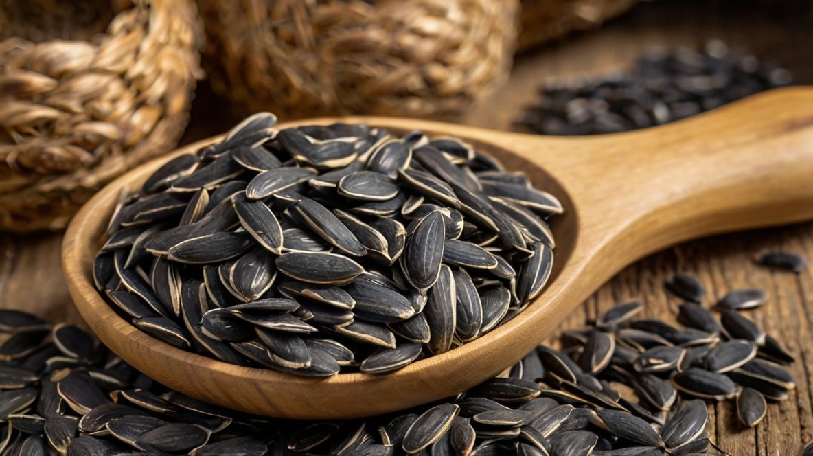 A wooden spoon filled with glossy black sunflower seeds takes center stage in this rustic composition. The seeds appear plump and uniform, showcasing their premium quality. The spoon rests on a weathered wooden surface, with more seeds scattered around it, emphasizing abundance. In the background, woven baskets add texture and a sense of traditional harvesting methods. The image's warm, earthy tones create an inviting, artisanal feel, highlighting XingYi Trading's commitment to quality and natural goodness. The contrast between the dark seeds and the light wood emphasizes the seeds' rich color and appealing texture.