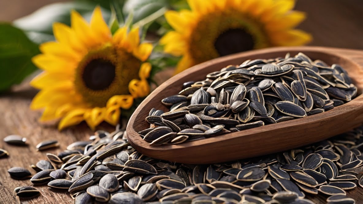 Unlocking Nature's Powerhouse: The Health Benefits of Sunflower Seeds A wooden scoop overflows with black striped sunflower seeds, resting on a pile of seeds scattered across a rustic wooden surface. The seeds' distinctive elongated shape and slight curve are clearly visible. Two vibrant yellow sunflowers with dark centers provide a colorful backdrop, connecting the seeds to their source. The contrast between the dark seeds and bright flowers is striking. This image beautifully captures the journey from flower to edible seed, showcasing the abundance and quality of sunflower seeds. The warm wooden tones complement the seeds and flowers, creating an inviting, farm-fresh aesthetic that highlights the seeds' natural appeal as both a nutritious snack and versatile ingredient.