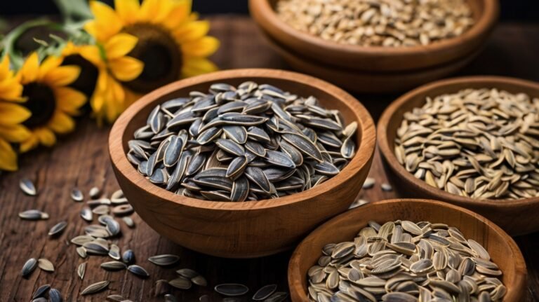Four wooden bowls on a rustic table showcase different varieties of sunflower seeds. The central bowl contains black striped seeds, while others display lighter varieties and hulled kernels. Scattered seeds surround the bowls, emphasizing abundance. Bright yellow sunflowers in the background connect the seeds to their source. This image beautifully captures the diversity of sunflower seeds, from their varying colors and sizes to different processing stages. The warm wooden tones of the bowls and table complement the seeds, creating an inviting, natural aesthetic that highlights the seeds' versatility as both a nutritious snack and culinary ingredient.