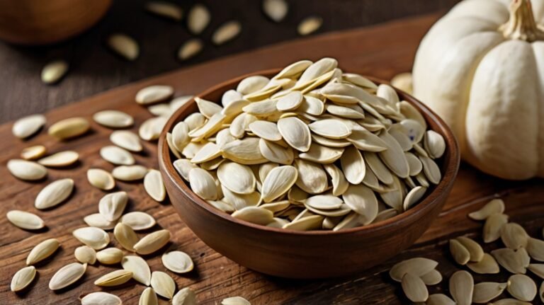 A wooden bowl overflowing with hulled white pumpkin seeds sits on a rustic wooden surface. The seeds are flat, oval-shaped, and pale in color, showcasing their natural, unroasted state. Some seeds are scattered around the bowl on the table. To the right, a small white decorative pumpkin is partially visible, adding to the autumnal theme. In the background, a dark surface contrasts with the light-colored seeds, creating visual depth. This image highlights the abundance and versatility of pumpkin seeds as a nutritious snack or culinary ingredient, while also connecting them to their source.