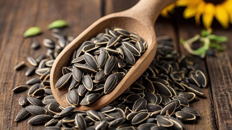 A wooden spoon overflows with striped black sunflower seeds, resting on a rustic wooden surface. The seeds spill onto the table, showcasing their abundance. The seeds' distinctive elongated shape and slightly curved edges are clearly visible, highlighting their quality. In the background, a hint of yellow sunflower petals adds a pop of color, connecting the seeds to their source. A few green leaves are scattered, enhancing the natural feel. This close-up image captures the texture and appeal of sunflower seeds, emphasizing their potential as a wholesome snack or versatile ingredient. The warm wooden tones complement the seeds' natural appearance, creating an inviting, farm-fresh aesthetic.