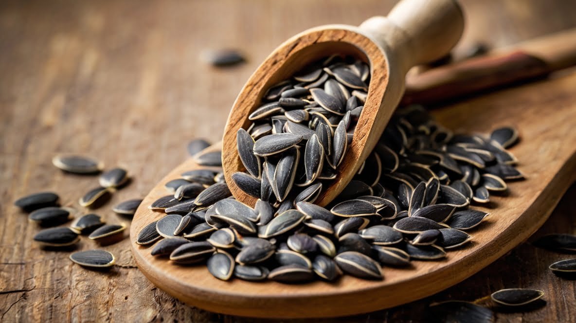 A close-up image showcases black sunflower seeds spilling from a wooden scoop onto a larger wooden spoon. The seeds are glossy and dark, with distinctive elongated shapes and slightly curved edges. Some seeds scatter across the rustic wooden surface beneath, emphasizing abundance. The warm tones of the wooden utensils contrast beautifully with the dark seeds, highlighting their texture and quality. This composition captures the natural, wholesome appeal of sunflower seeds, presenting them as both a nutritious snack and a versatile ingredient. The weathered wood background adds to the rustic, farm-fresh aesthetic, underlining the seeds' connection to nature and traditional harvesting methods.