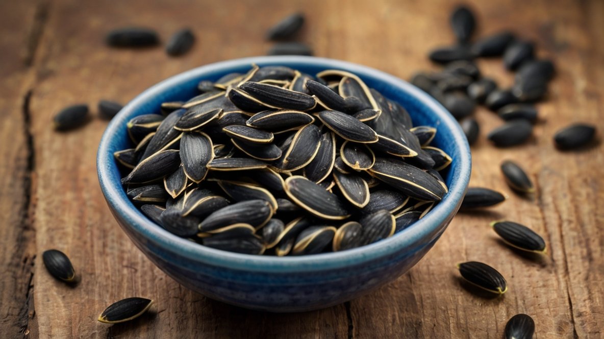 Calorie Breakdown of Sunflower Seeds: A Nutritious Powerhouse A blue ceramic bowl filled with glossy black sunflower seeds sits on a rustic wooden surface. The seeds' distinctive elongated shape and light-colored edges are clearly visible, showcasing their quality. Some seeds have spilled onto the table, emphasizing abundance. The contrast between the dark seeds and the vibrant blue bowl is striking, drawing attention to the seeds. This close-up image beautifully captures the texture and richness of the sunflower seeds, inviting viewers to appreciate their nutritional value and culinary versatility. The warm wooden tones of the background complement the cool blue of the bowl, creating an appealing composition that highlights the natural, wholesome appeal of these premium sunflower seeds.