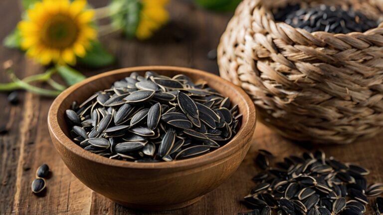 A wooden bowl filled with black sunflower seeds takes center stage on a rustic wooden surface. The seeds' distinctive elongated shape and slightly curved edges are clearly visible. To the right, a woven basket also contains seeds, adding texture to the composition. In the background, vibrant yellow sunflowers provide a pop of color, connecting the seeds to their source. Some seeds are scattered on the table, emphasizing abundance. This image beautifully captures the journey from sunflower to edible seed, showcasing the natural appeal of sunflower seeds. The warm wooden tones complement the dark seeds and bright flowers, creating an inviting, farm-fresh aesthetic that highlights the seeds as both a nutritious snack and versatile ingredient.