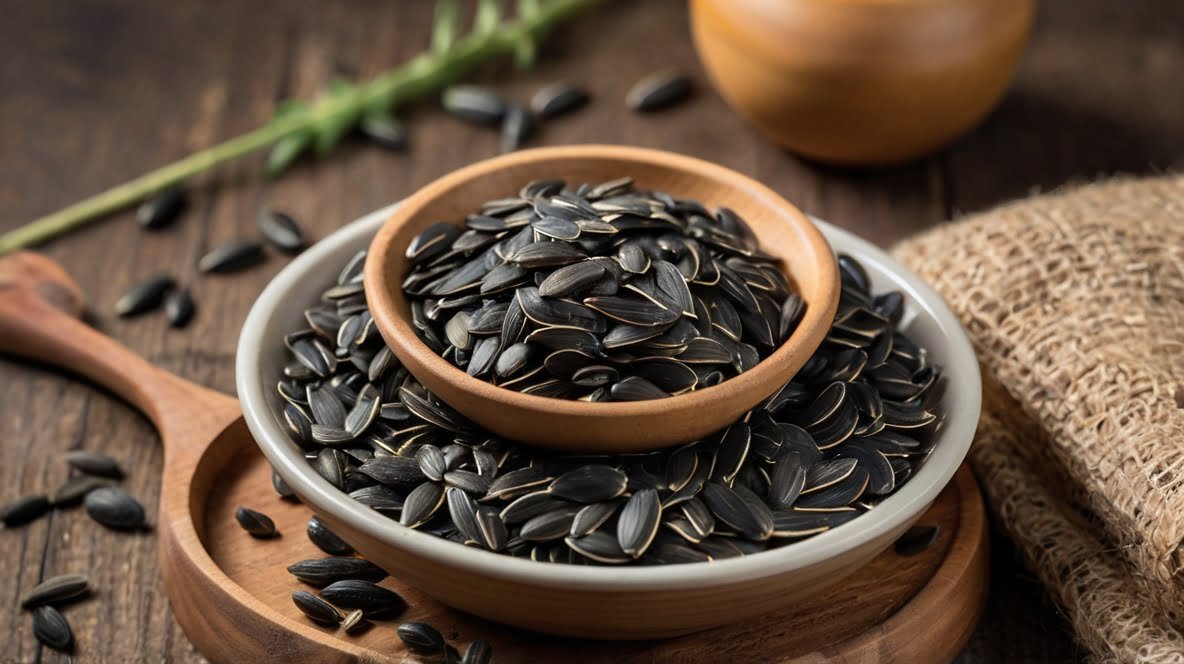 The Ultimate Guide to Roasting Sunflower Seeds: A XingYi Trading Specialty A terracotta bowl overflowing with black sunflower seeds sits atop a larger ceramic plate, also filled with seeds. The seeds' distinctive elongated shape and slightly curved edges are clearly visible, showcasing their quality. The bowls rest on a wooden surface, with a burlap fabric visible to the right, adding texture. A wooden spoon and a green plant stem accent the scene, enhancing the natural, rustic aesthetic. Some seeds scatter across the table, emphasizing abundance. This image beautifully captures the wholesome appeal of sunflower seeds, presenting them as both a nutritious snack and versatile ingredient. The warm earth tones of the bowls and wood complement the dark seeds, creating an inviting, farm-fresh atmosphere.