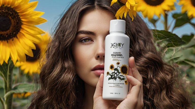 A close-up image shows a person holding a white bottle of XCMIY skincare product, featuring sunflower illustrations. The bottle partially obscures the holder's face, revealing one eye and part of their nose and mouth. They have long, wavy brown hair and are surrounded by vibrant yellow sunflowers against a blue sky background. The sunflowers frame the composition, creating a natural, summery atmosphere. The image suggests a connection between the skincare product and the natural beauty of sunflowers, implying the use of sunflower-derived ingredients. The overall aesthetic is fresh, youthful, and nature-inspired.