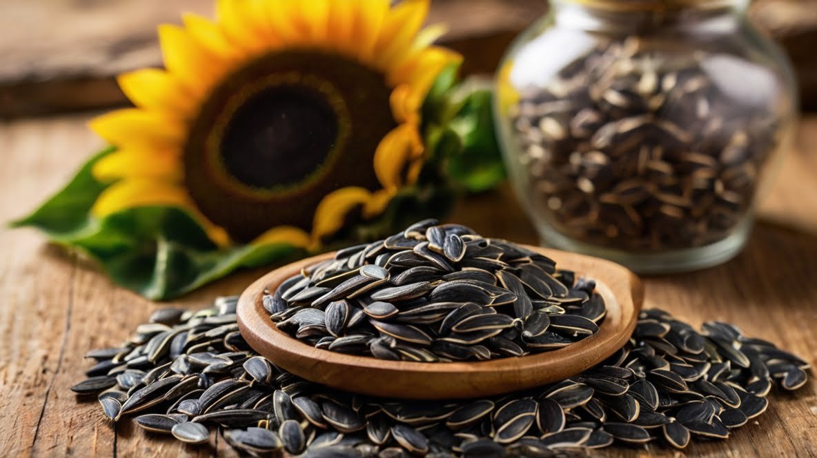 Sunflower Seeds in Smoothies: A Nutritious Boost from XingYi Trading A rustic wooden table showcases a bountiful display of black sunflower seeds. In the foreground, a wooden plate overflows with striped black sunflower seeds, with more spilling onto the table. To the right, a glass jar filled with seeds adds depth to the composition. On the left, a vibrant yellow sunflower bloom with green leaves provides a visual connection to the seeds' origin. The warm wooden backdrop enhances the natural, earthy feel of the scene. This image beautifully captures the journey from sunflower to seed, highlighting the abundance and appeal of black sunflower seeds as a wholesome snack or versatile ingredient.