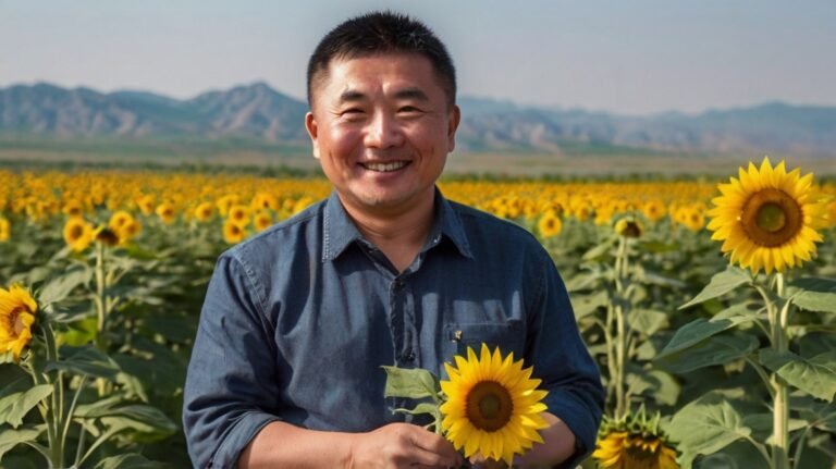 A smiling man stands in a vast sunflower field with mountains in the background. He wears a dark blue shirt and is surrounded by tall, vibrant sunflowers. The man is holding a large sunflower bloom, showcasing its size and quality. Behind him, the field stretches out, filled with rows of healthy sunflowers in full bloom. The sky is clear, and distant mountains provide a picturesque backdrop. The man's friendly expression and the lush sunflower field convey a sense of pride, expertise, and connection to nature, representing XingYi Trading's commitment to quality sunflower cultivation.