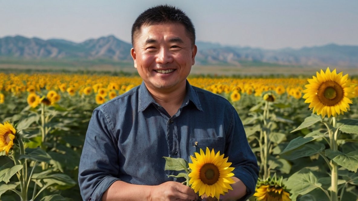 Exploring Delightful Dwarf Sunflower Seed Varieties with XingYi Trading A smiling man stands in a vast sunflower field with mountains in the background. He wears a dark blue shirt and is surrounded by tall, vibrant sunflowers. The man is holding a large sunflower bloom, showcasing its size and quality. Behind him, the field stretches out, filled with rows of healthy sunflowers in full bloom. The sky is clear, and distant mountains provide a picturesque backdrop. The man's friendly expression and the lush sunflower field convey a sense of pride, expertise, and connection to nature, representing XingYi Trading's commitment to quality sunflower cultivation.